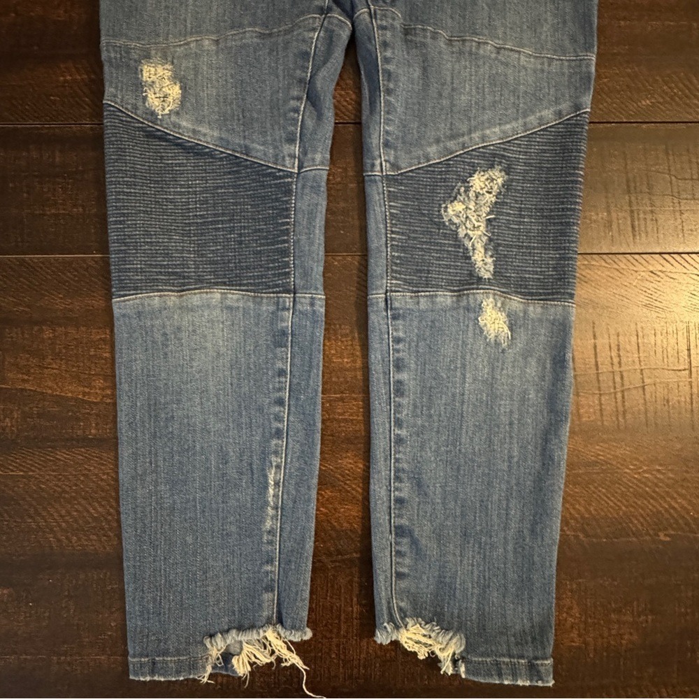 Free People Moto Skinny Distressed Jeans Blue 28 Edgy Biker Utility Denim - Picture 12 of 17